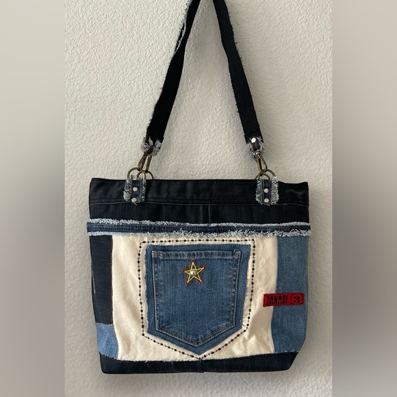 Denim patchwork shoulder bag-tote bag upcycled jeans boho bag - Picture 9 of 16